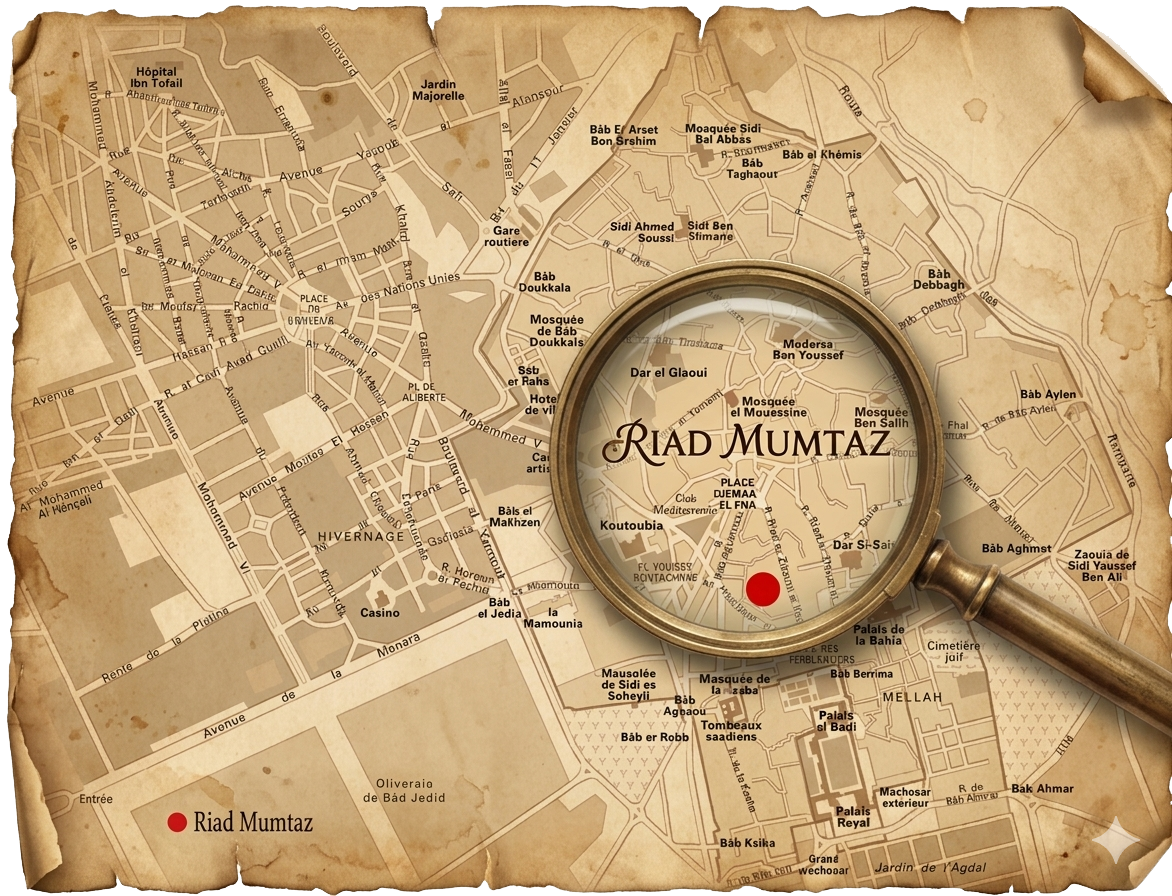 Plan illustré de la localisation du Riad Mumtaz dans la Médina de Marrakech
